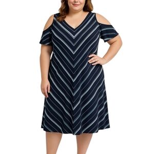 White House Black Market Cold Shoulder Navy Chevron Stripe Midi Dress - Sz XL